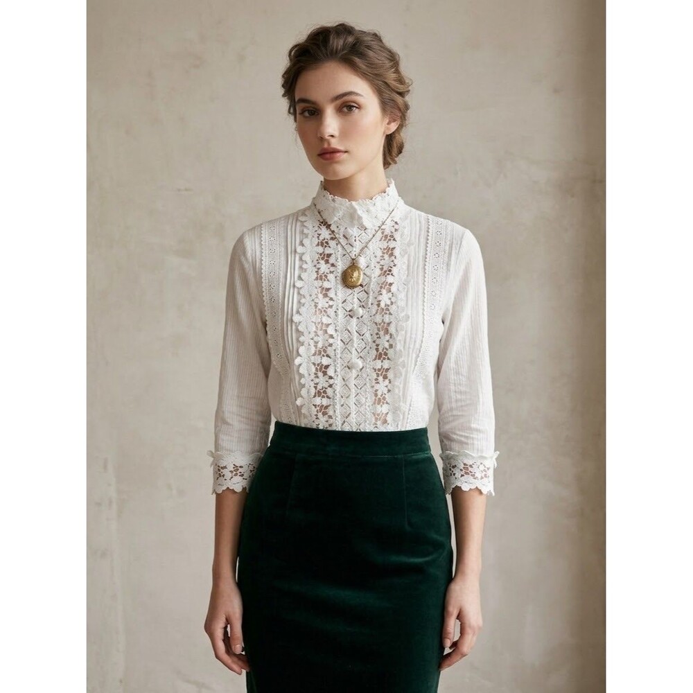 Cottagecore XL  Floral Crochet Lace High-Neck Blouse Vintage Romactic 3/4 Sleeve